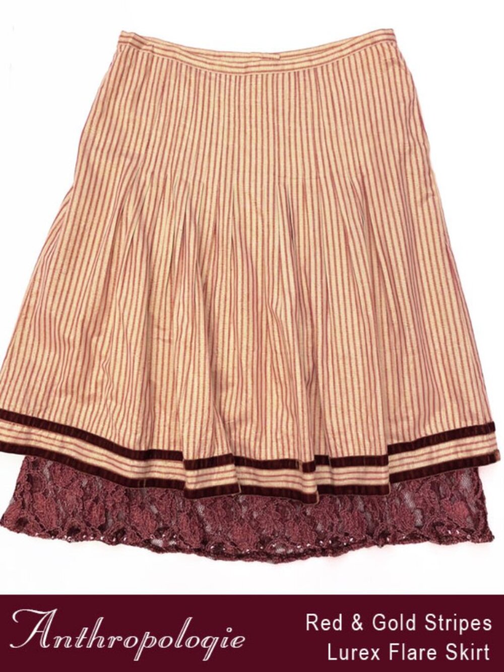 Anthropologie Red & Gold Lurex Stripe Flare Skirt Size 6
